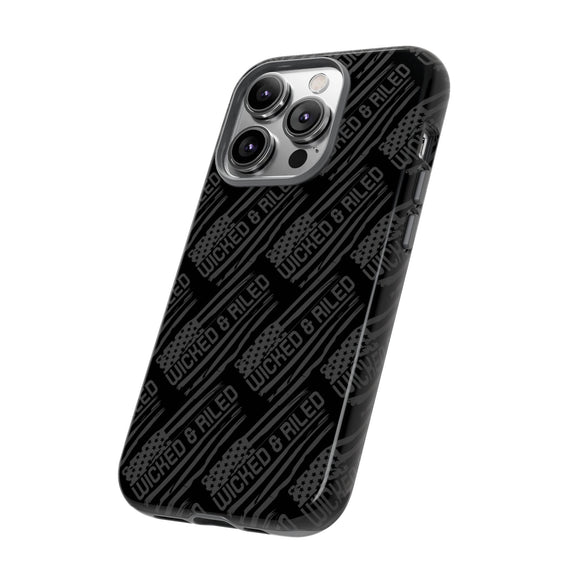 Rugged black protective phone case by Printify with "TOUGH CASES" text pattern, showcasing durable design and texture.