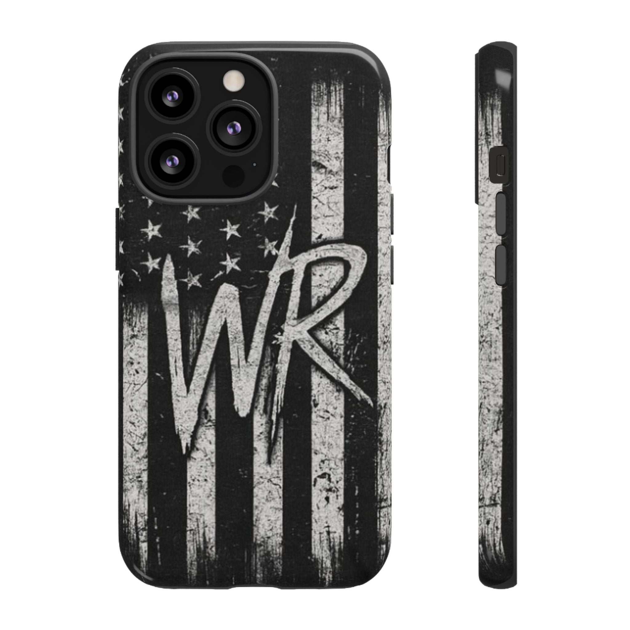 Distressed American flag design on a Patriotic Monogram Tough Phone Case featuring initials WR by Printify.