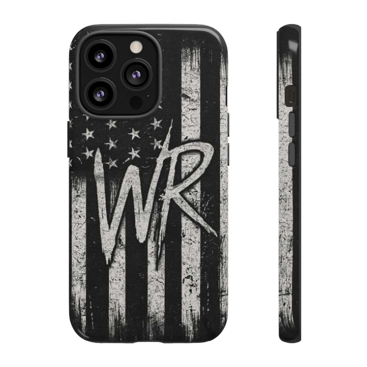 Distressed American flag design on a Patriotic Monogram Tough Phone Case featuring initials WR by Printify.