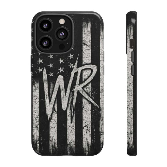 Distressed American flag design on a Patriotic Monogram Tough Phone Case featuring initials WR by Printify.