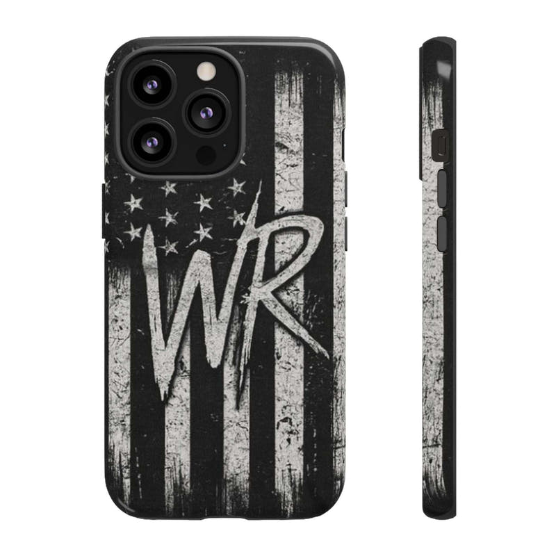 Distressed American flag design on a Patriotic Monogram Tough Phone Case featuring initials WR by Printify.