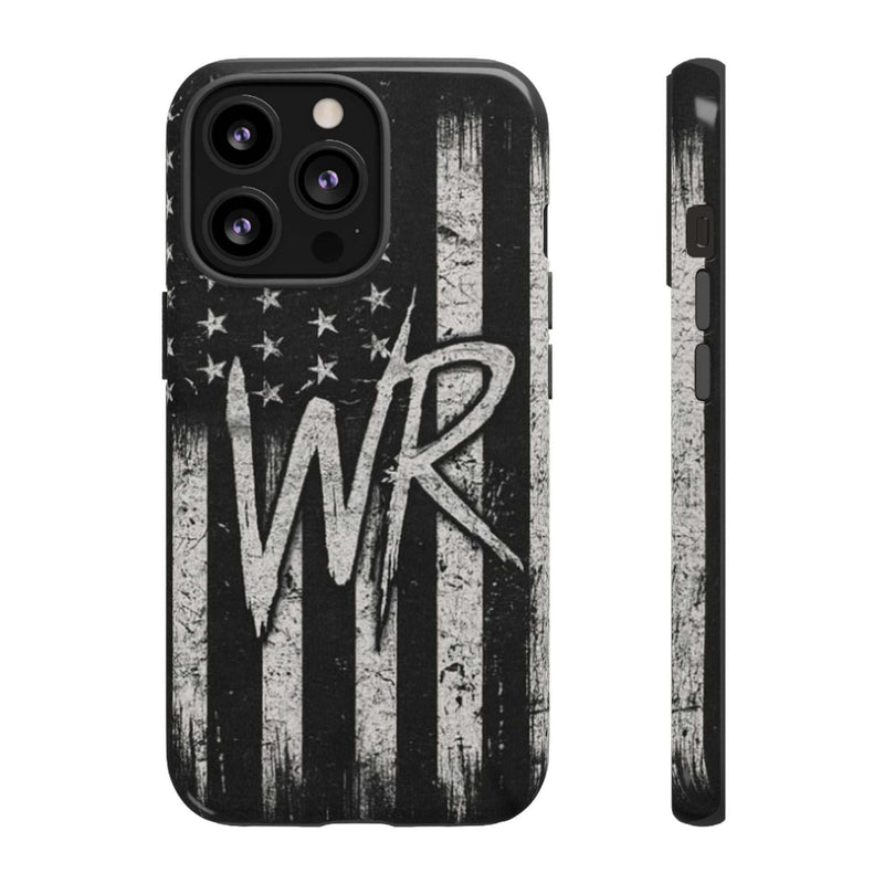 Distressed American flag design on a Patriotic Monogram Tough Phone Case featuring initials WR by Printify.