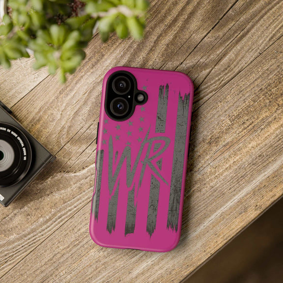 Pink 'WR' Flag Tough Phone Case by Printify, featuring a durable design with a vibrant flag pattern.