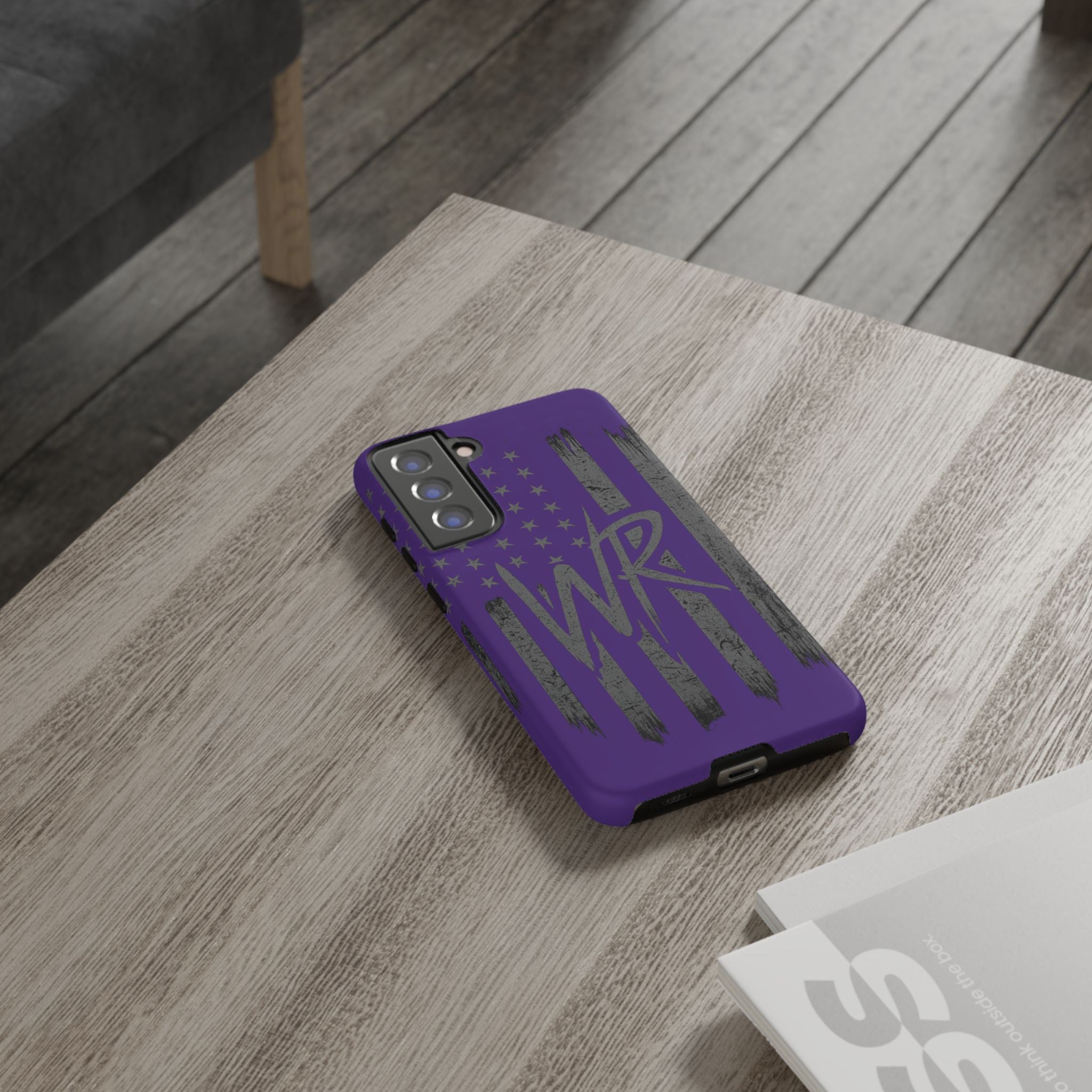 Purple 'WR' flag tough phone case by Printify, showcasing durable design with vibrant colors and precise cutouts.
