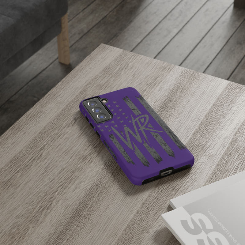 Purple 'WR' flag tough phone case by Printify, showcasing durable design with vibrant colors and precise cutouts.
