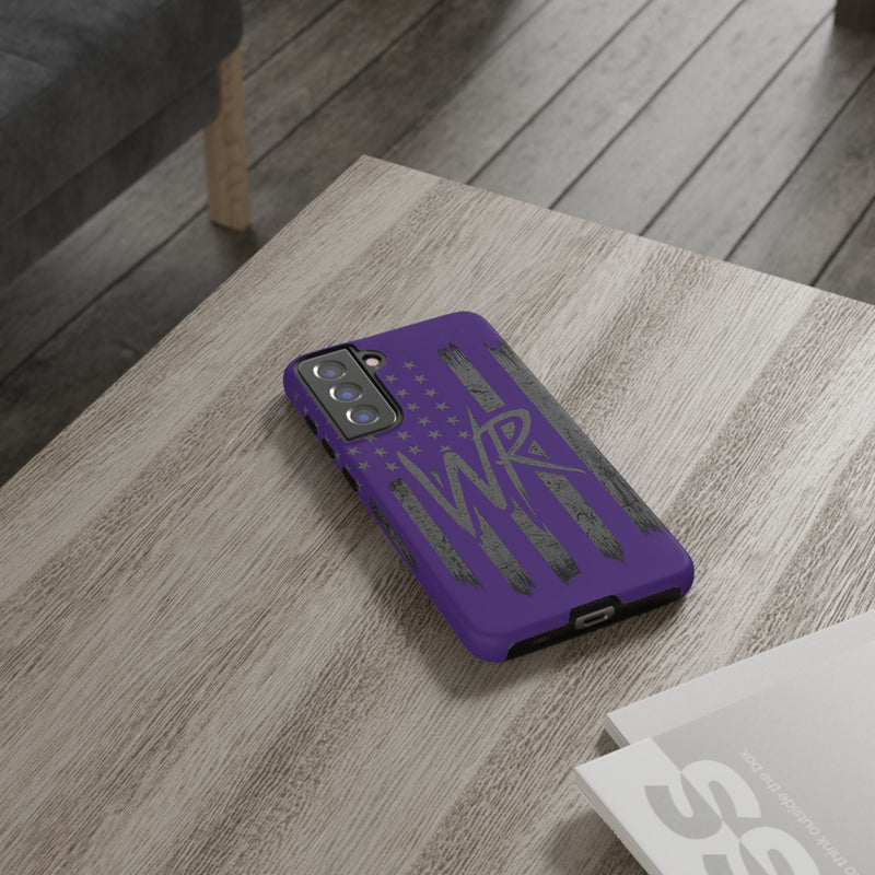 Purple 'WR' flag tough phone case by Printify, showcasing durable design with vibrant colors and precise cutouts.