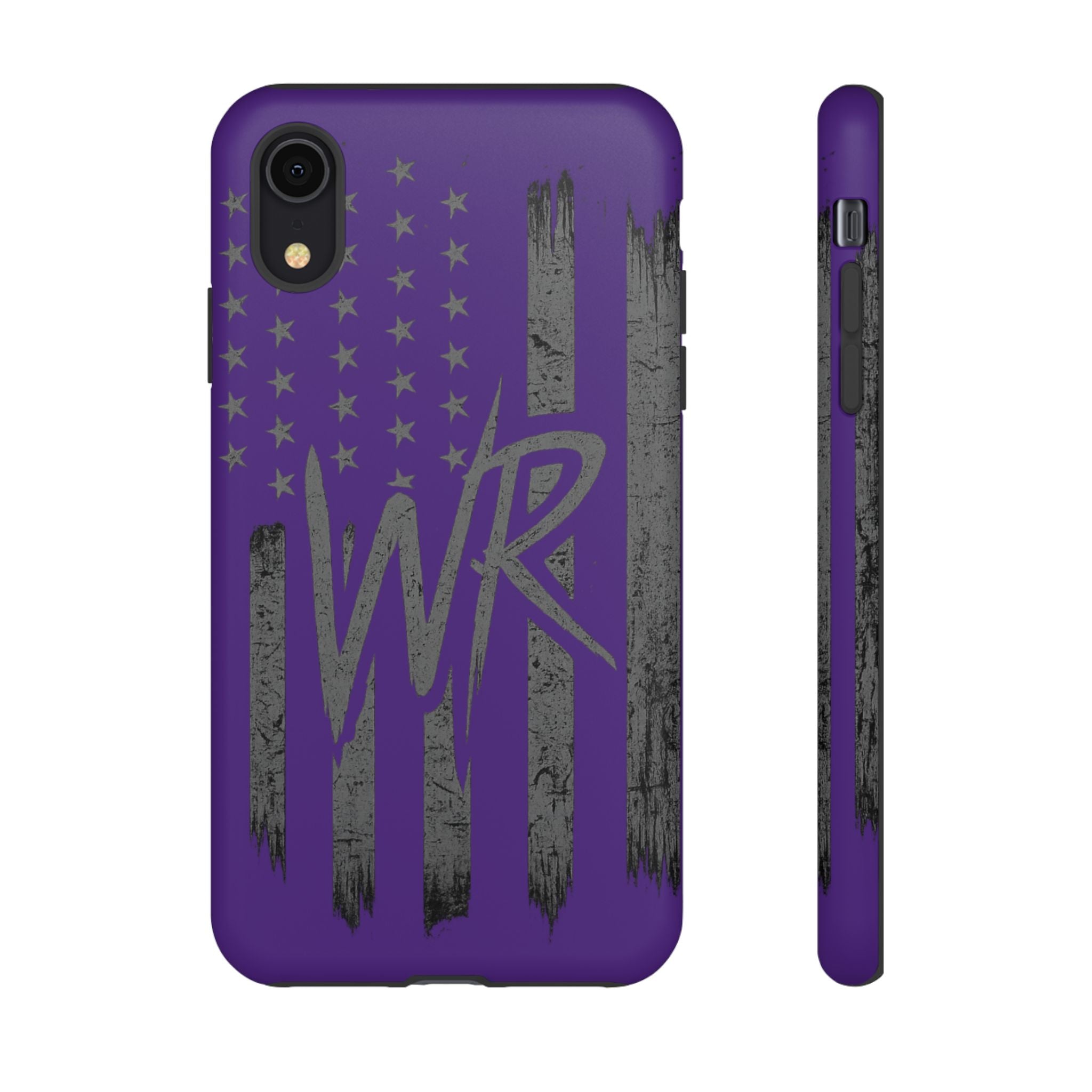 Purple 'WR' flag tough phone case by Printify, showcasing a durable design with vibrant color and flag graphics.