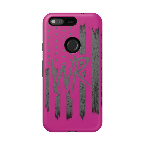 Pink 'WR' Flag Tough Phone Case by Printify featuring durable design and vibrant flag graphic.