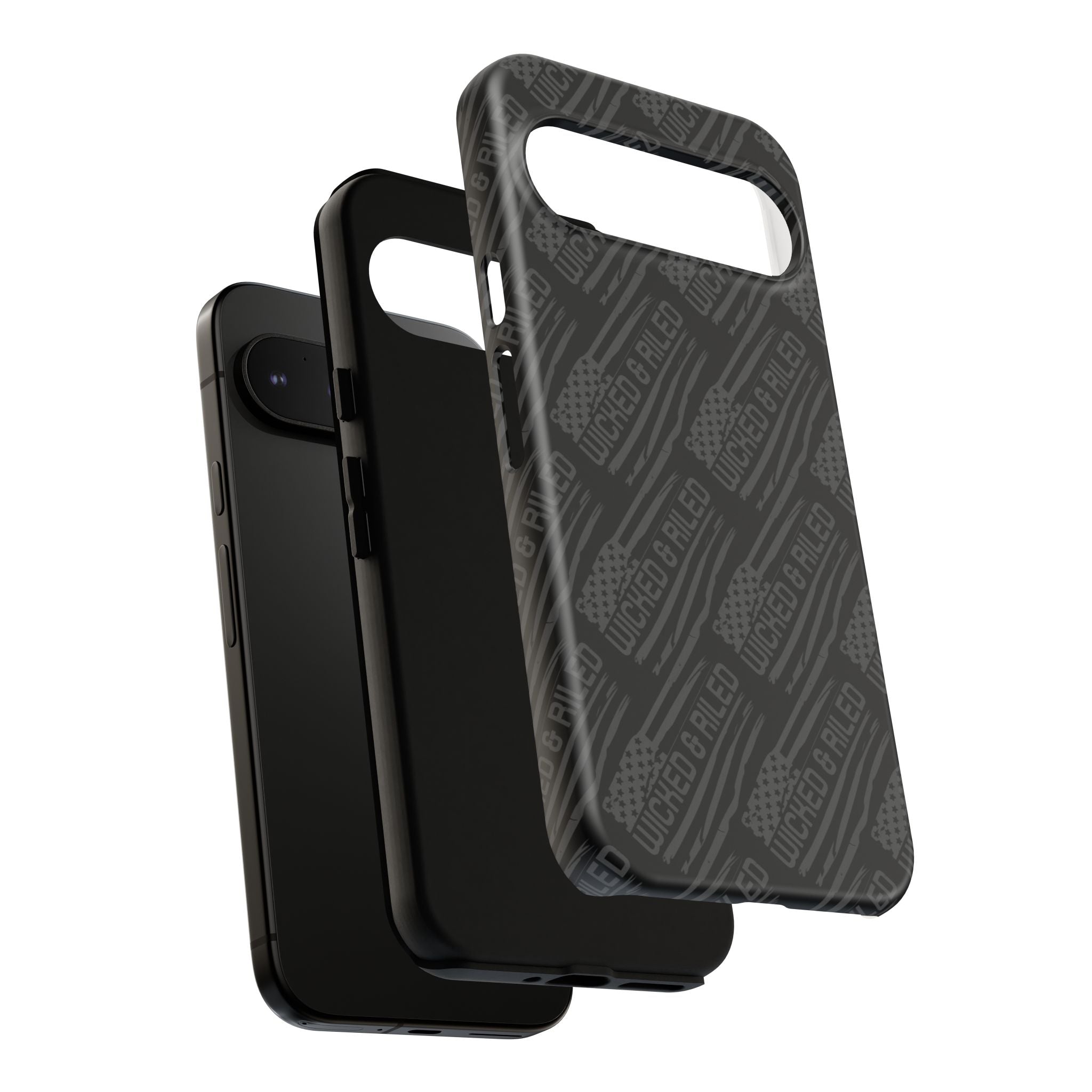 Rugged black protective phone case with text pattern "TOUGH CASES" by Printify, designed for durability and style.