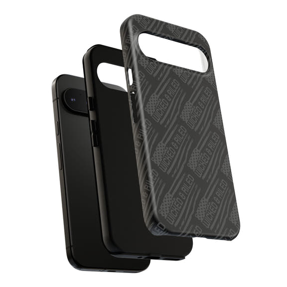 Rugged black protective phone case with text pattern "TOUGH CASES" by Printify, designed for durability and style.