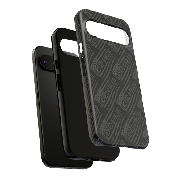 Rugged black protective phone case with text pattern "TOUGH CASES" by Printify, designed for durability and style.