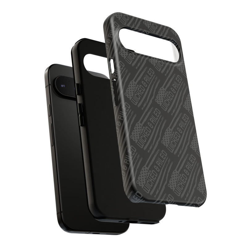 Rugged black protective phone case with text pattern "TOUGH CASES" by Printify, designed for durability and style.