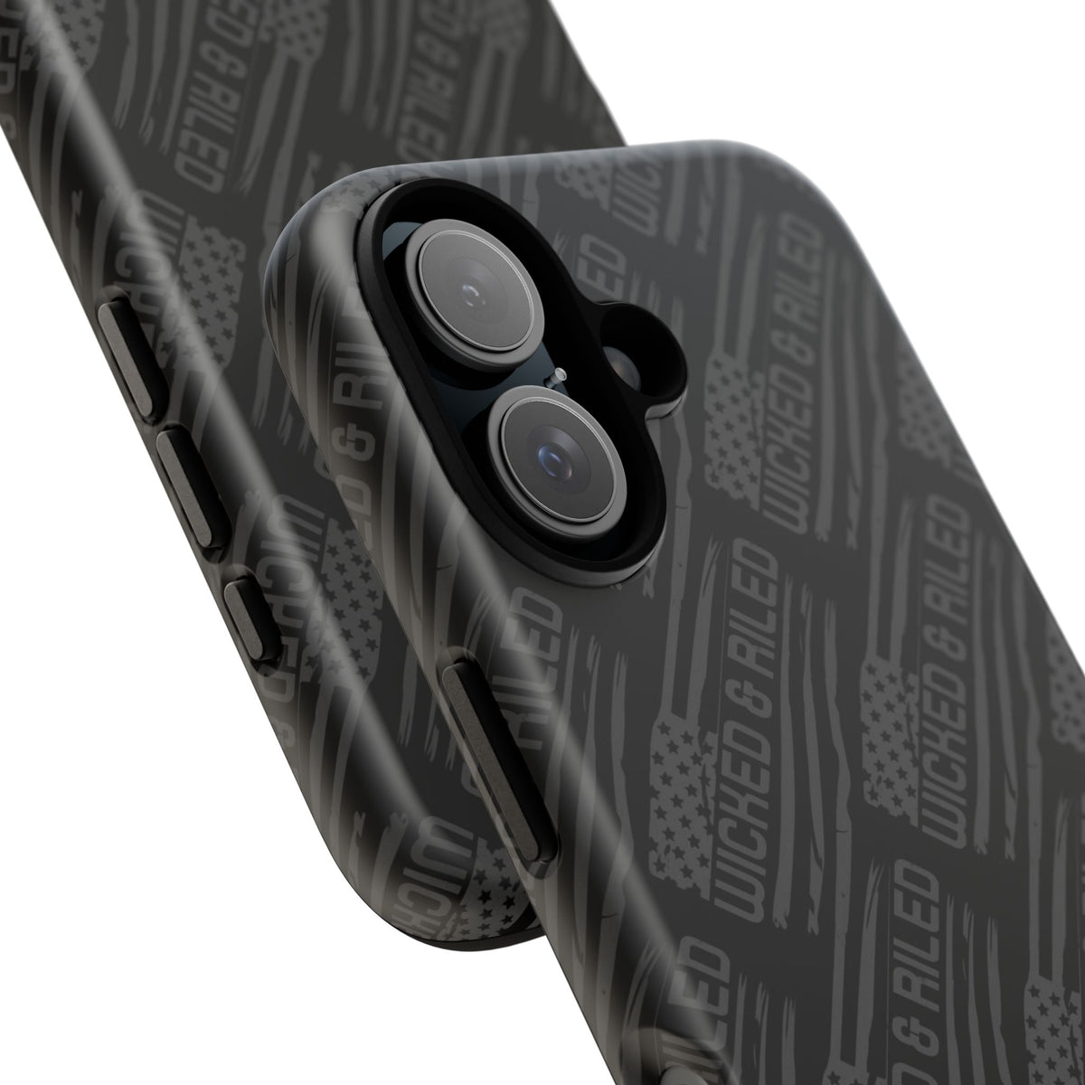 Rugged black protective phone case with TOUGH CASES text pattern by Printify, showcasing durable design and texture.