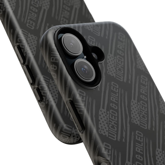 Rugged black protective phone case with TOUGH CASES text pattern by Printify, showcasing durable design and texture.