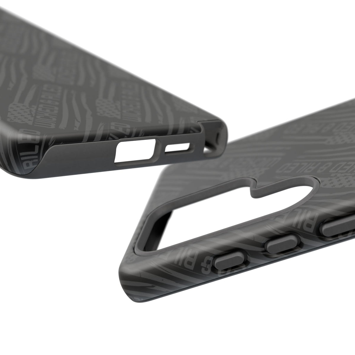 Rugged black protective phone case with 'TOUGH CASES' text pattern by Printify, showcasing durability and style.