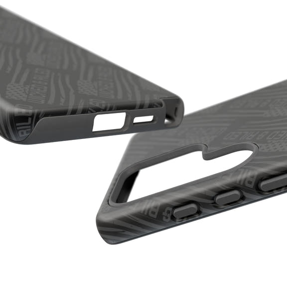 Rugged black protective phone case with 'TOUGH CASES' text pattern by Printify, showcasing durability and style.