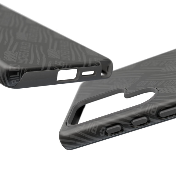 Rugged black protective phone case with 'TOUGH CASES' text pattern by Printify, showcasing durability and style.