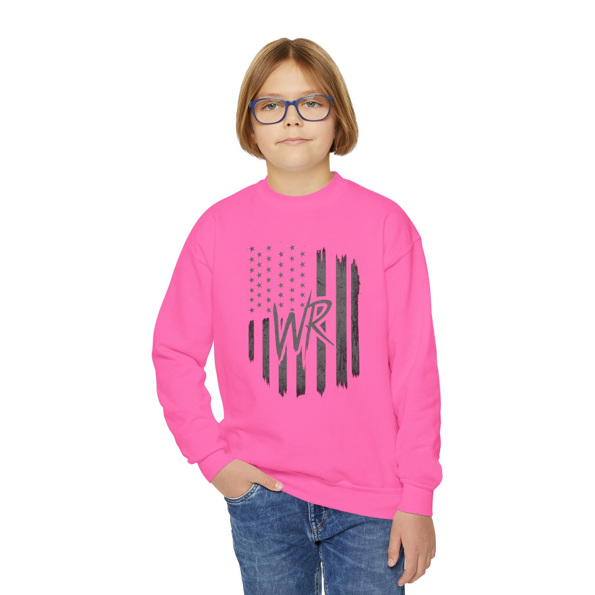 Youth Crewneck Sweatshirt Distressed American Flag with 'WR' Logo - Wicked & Riled Clothing
