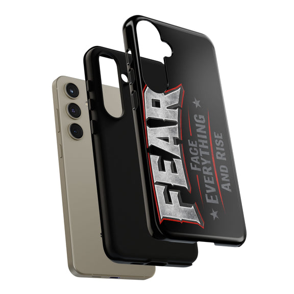 Fear phone case by Printify featuring the phrase "Face Everything and Rise" with a sleek design and precise fit.