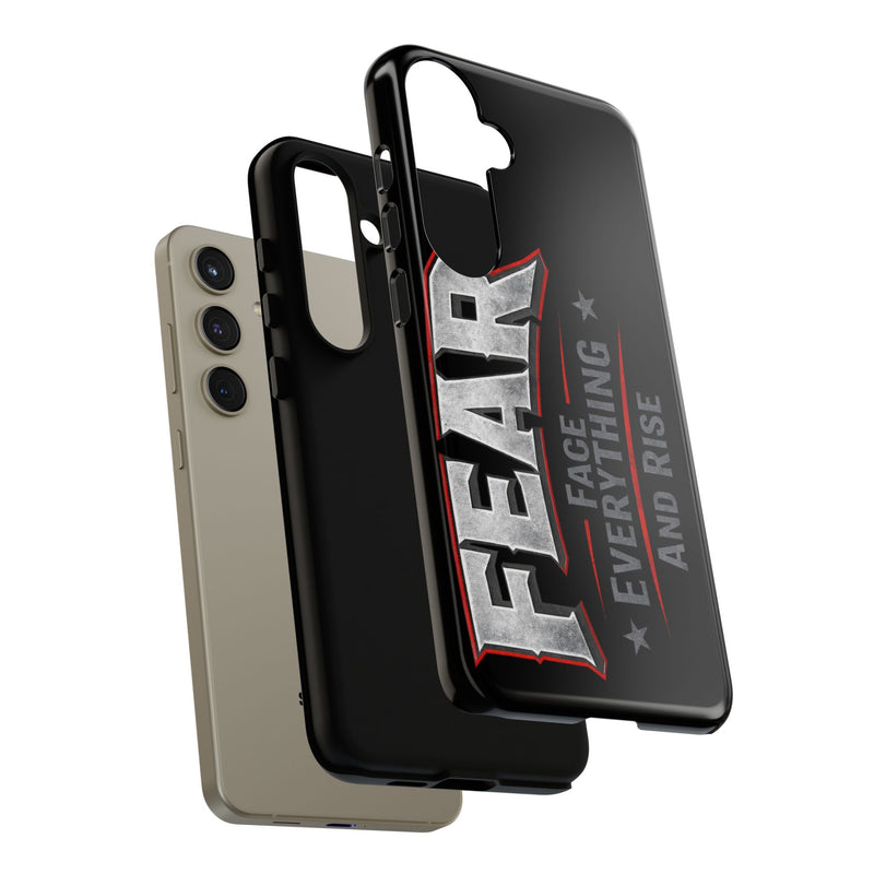 Fear phone case by Printify featuring the phrase "Face Everything and Rise" with a sleek design and precise fit.