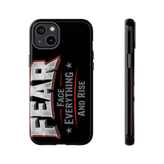 Fear phone case by Printify featuring a bold design with the phrase "Face Everything and Rise" on a sleek background.