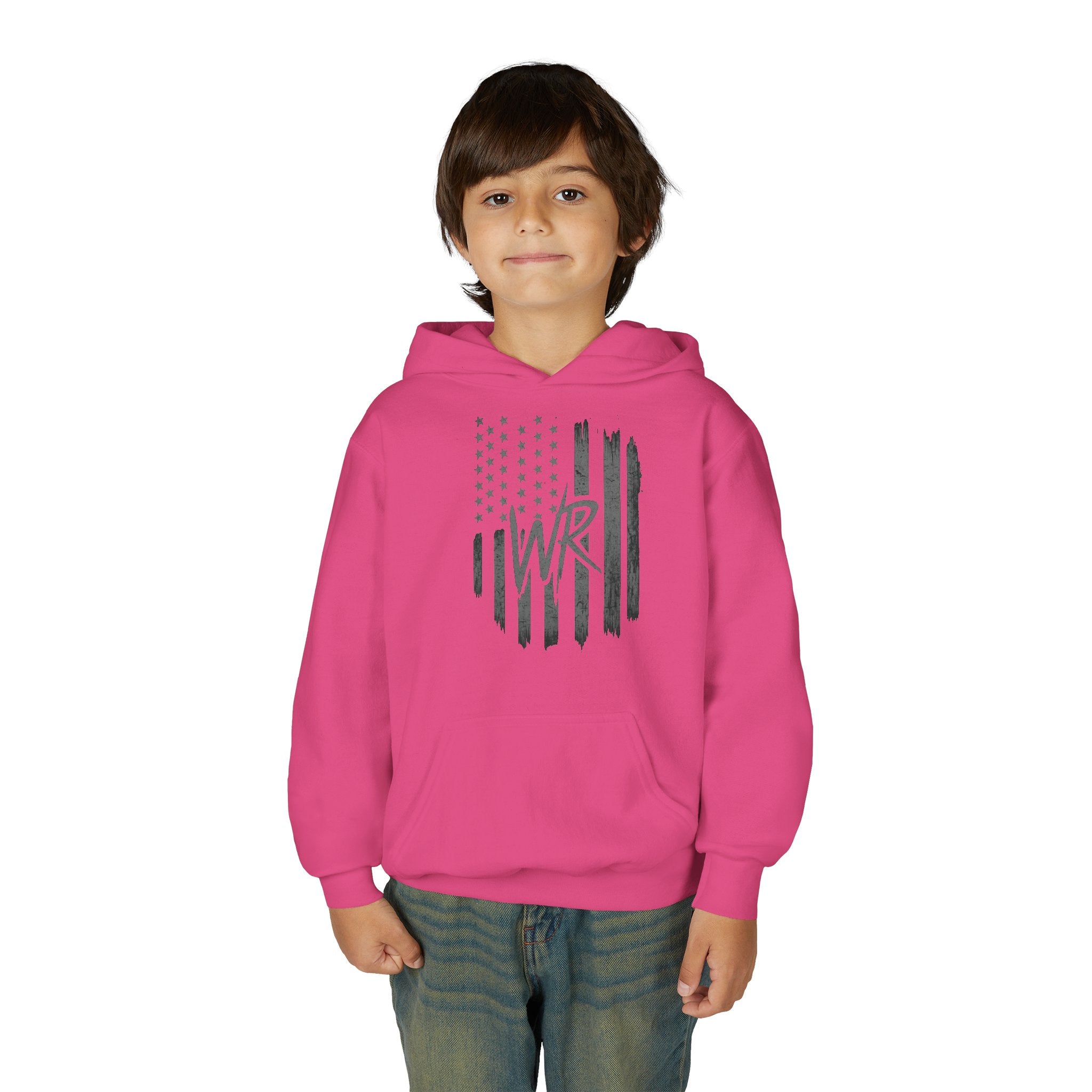 Youth Hoodie Distressed American Flag with Initials 'WR' - Wicked & Riled Clothing