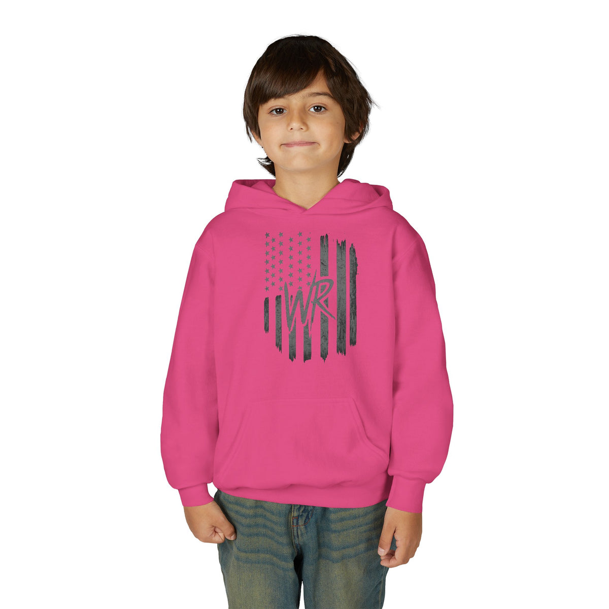 Youth Hoodie Distressed American Flag with Initials 'WR' - Wicked & Riled Clothing