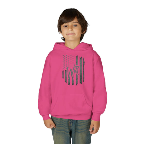 Youth Hoodie Distressed American Flag with Initials 'WR' - Wicked & Riled Clothing