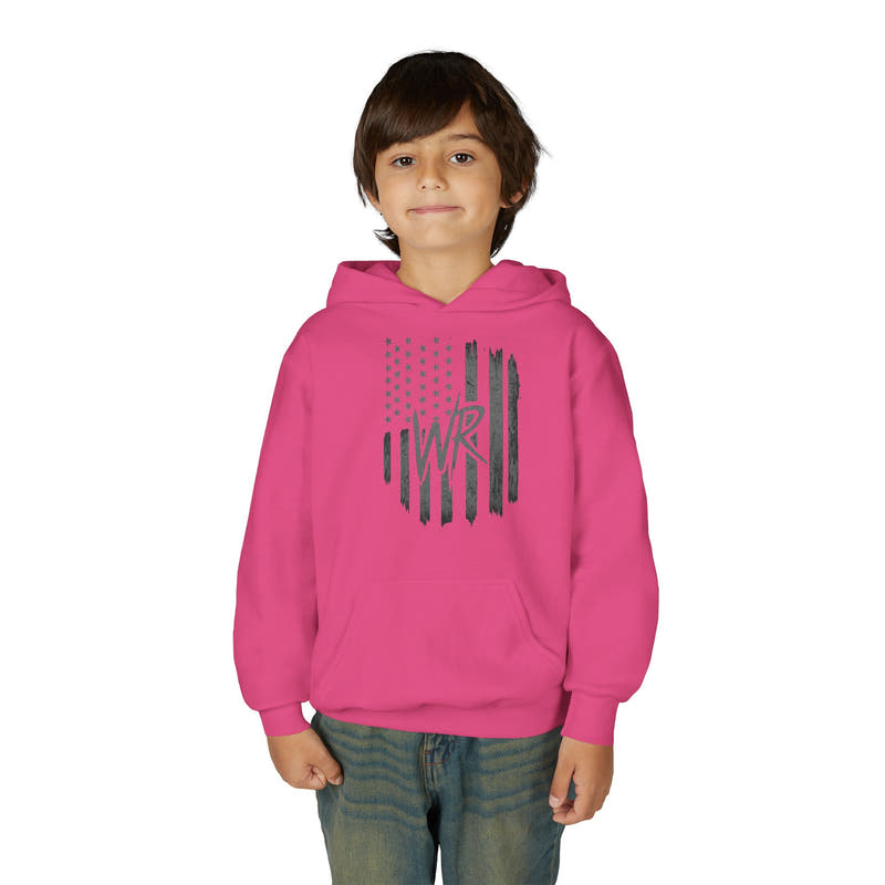 Youth Hoodie Distressed American Flag with Initials 'WR' - Wicked & Riled Clothing