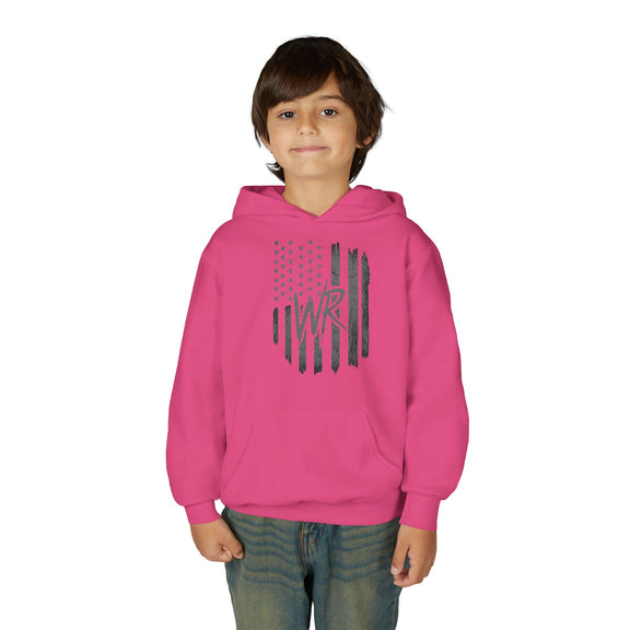 Youth Hoodie Distressed American Flag with Initials 'WR' - Wicked & Riled Clothing