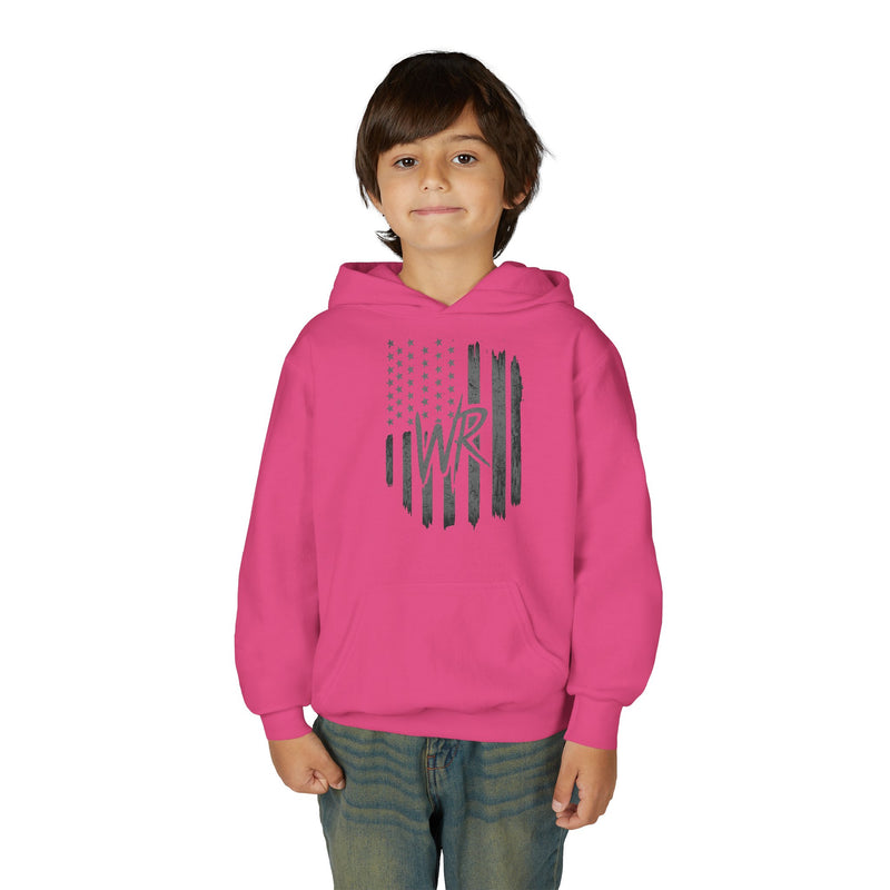 Youth Hoodie Distressed American Flag with Initials 'WR' - Wicked & Riled Clothing