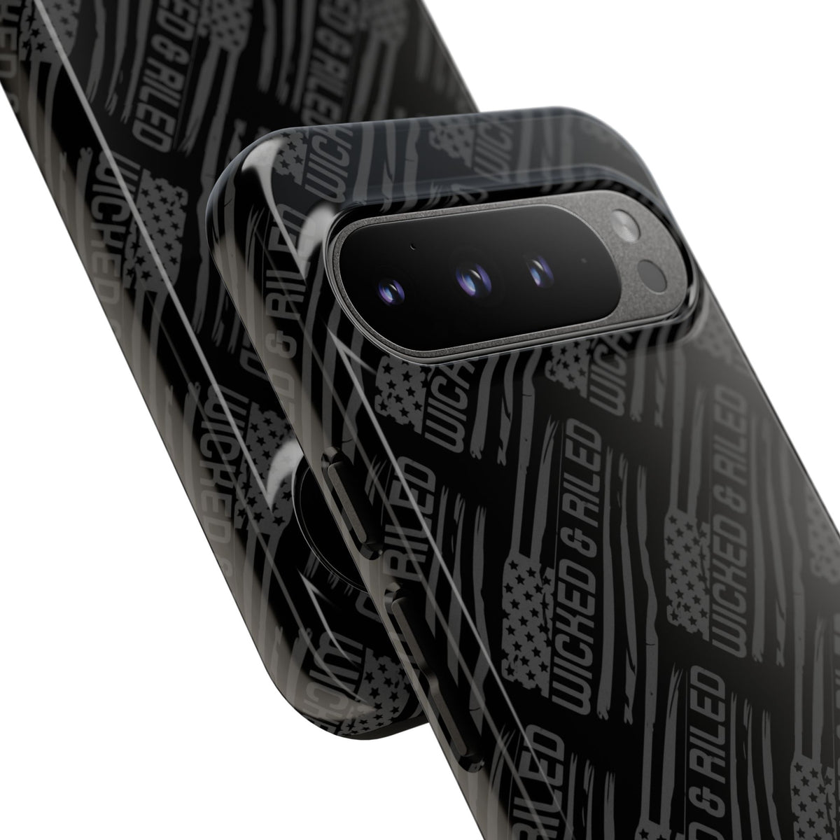 Rugged black protective phone case by Printify with a textured TOUGH CASES pattern for enhanced grip and durability.