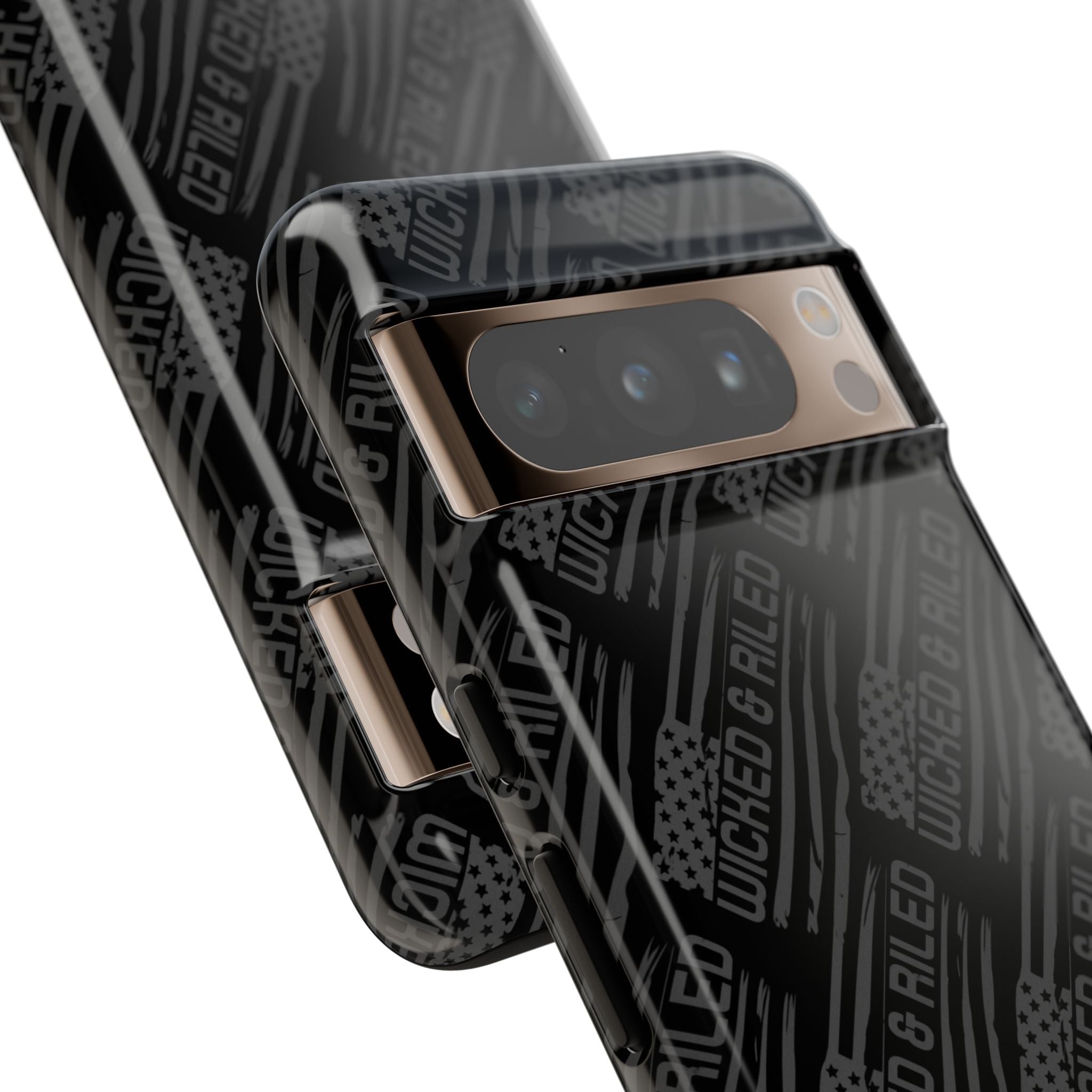 Rugged black protective phone case by Printify with a textured TOUGH CASES pattern, showcasing durability and style.