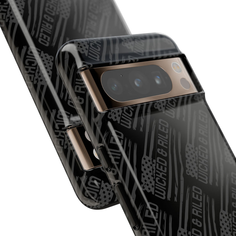 Rugged black protective phone case by Printify with a textured TOUGH CASES pattern, showcasing durability and style.