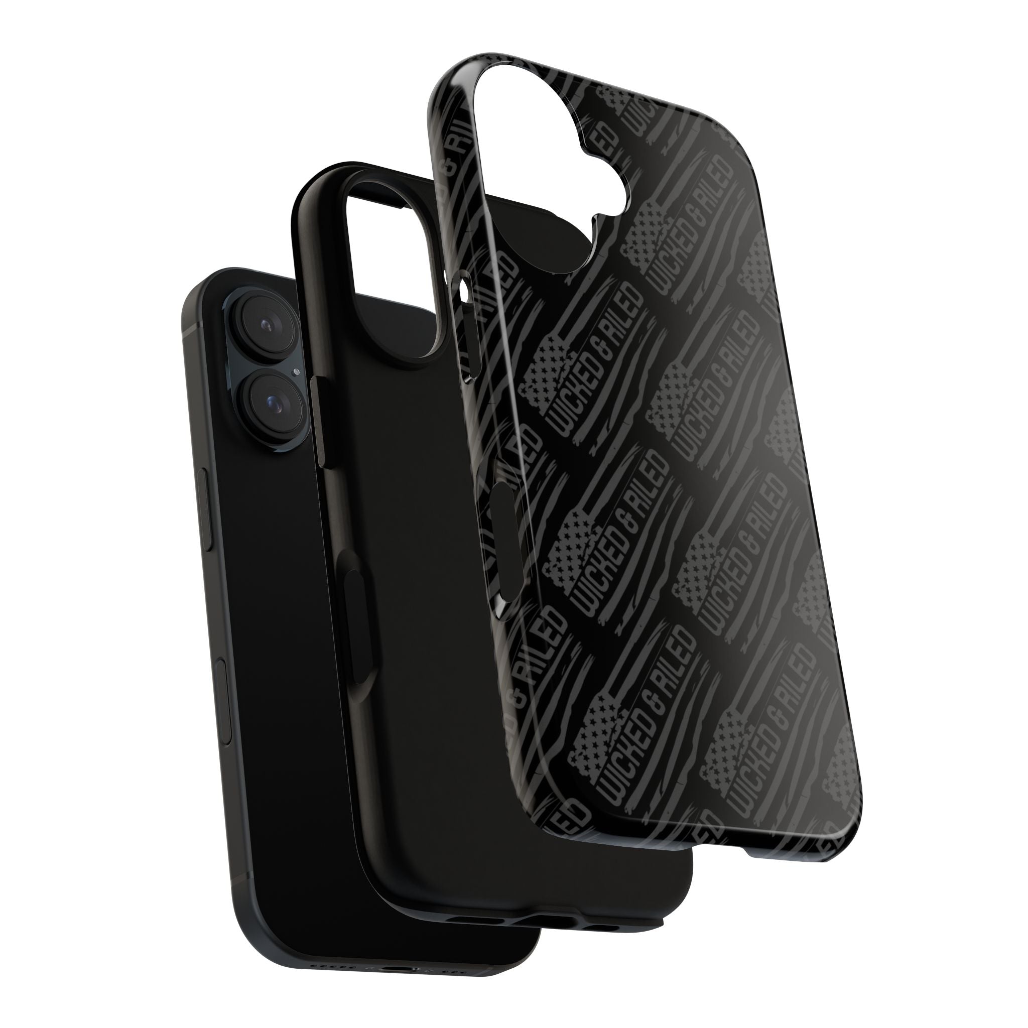 Rugged black protective phone case by Printify featuring a textured "TOUGH CASES" pattern on the exterior.