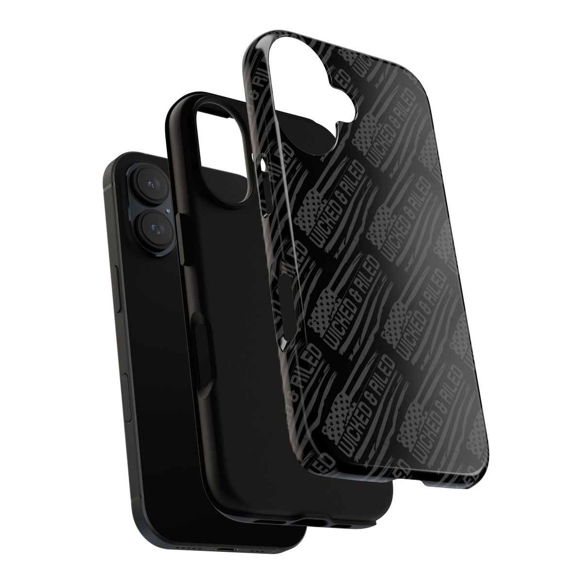 Rugged black protective phone case by Printify featuring a textured "TOUGH CASES" pattern on the exterior.