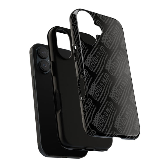 Rugged black protective phone case by Printify featuring a textured "TOUGH CASES" pattern on the exterior.