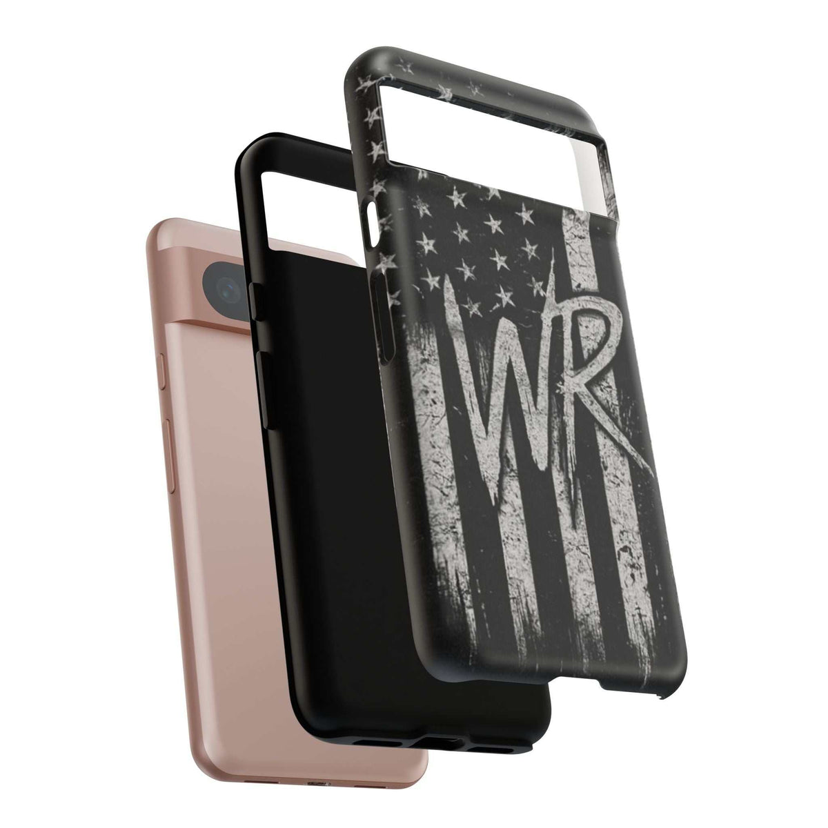 Distressed American flag phone case featuring a monogram WR, designed by Printify for tough protection.
