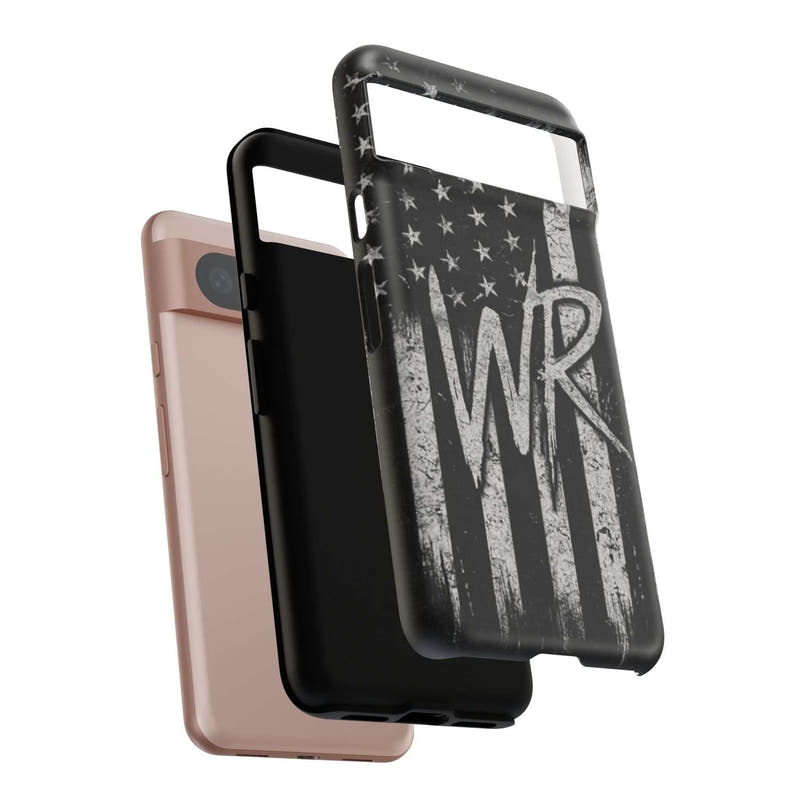 Distressed American flag phone case featuring a monogram WR, designed by Printify for tough protection.