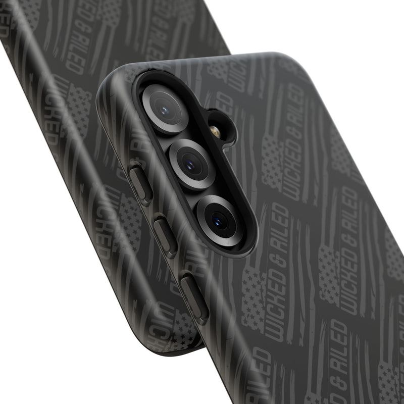 Rugged black protective phone case by Printify featuring a textured "TOUGH CASES" pattern for enhanced grip and durability.
