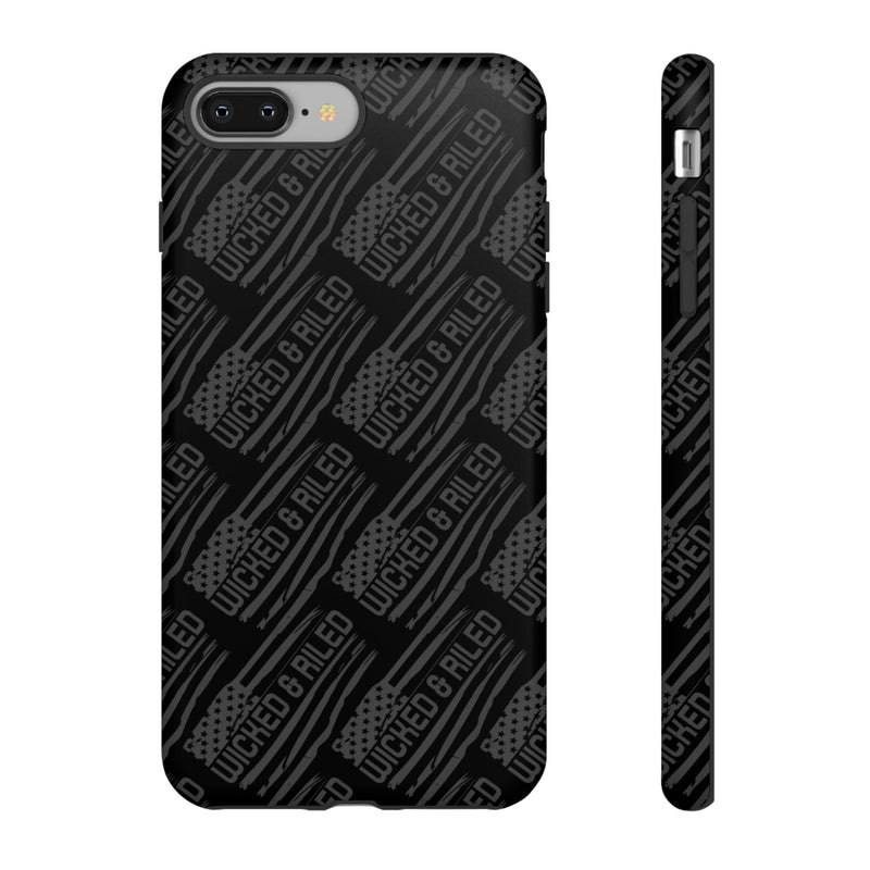 Rugged black protective phone case with 'TOUGH CASES' text pattern by Printify, showcasing durability and style.