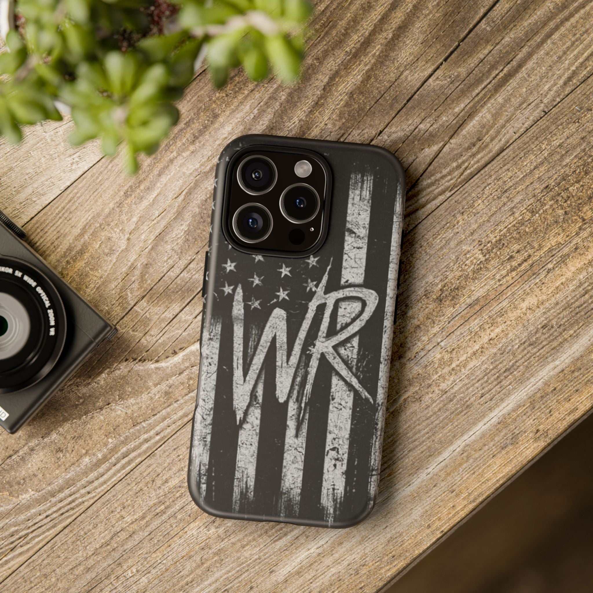 Distressed American flag phone case by Printify featuring a patriotic monogram with the letters WR.