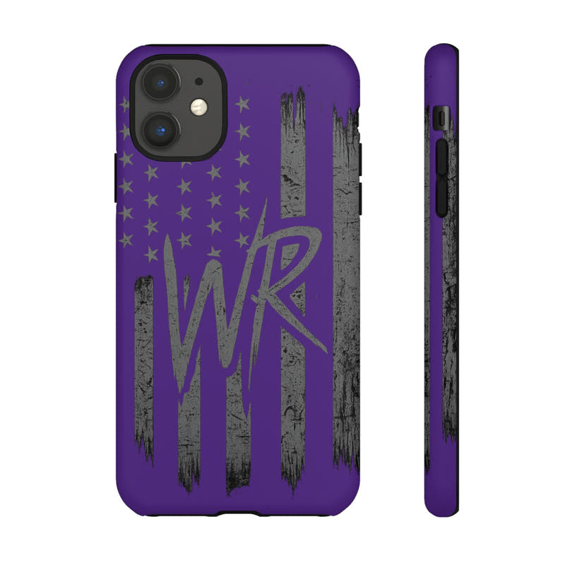 Purple 'WR' flag tough phone case by Printify, showcasing durable design and vibrant colors for protection and style.