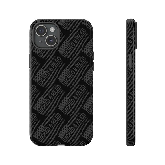 Rugged black protective phone case by Printify featuring a "TOUGH CASES" text pattern on a textured surface.