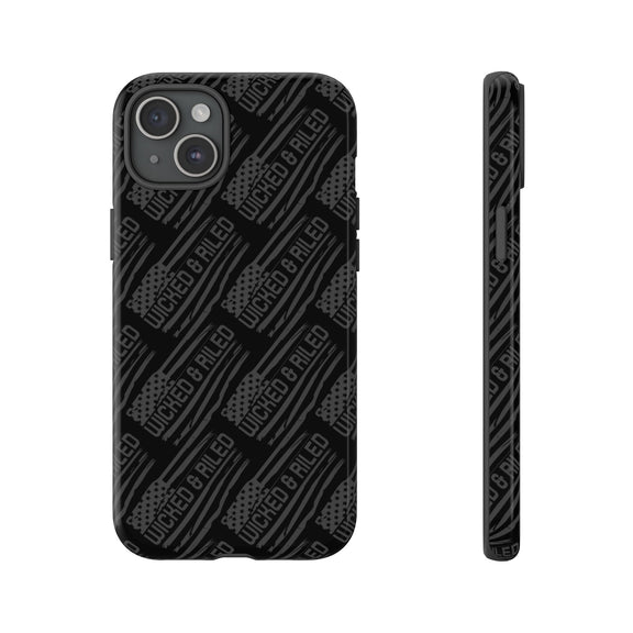 Rugged black protective phone case by Printify featuring a "TOUGH CASES" text pattern on a textured surface.