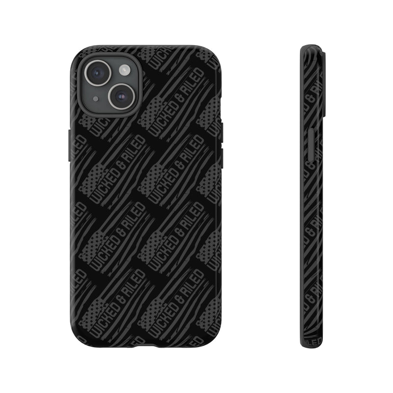 Rugged black protective phone case by Printify featuring a "TOUGH CASES" text pattern on a textured surface.