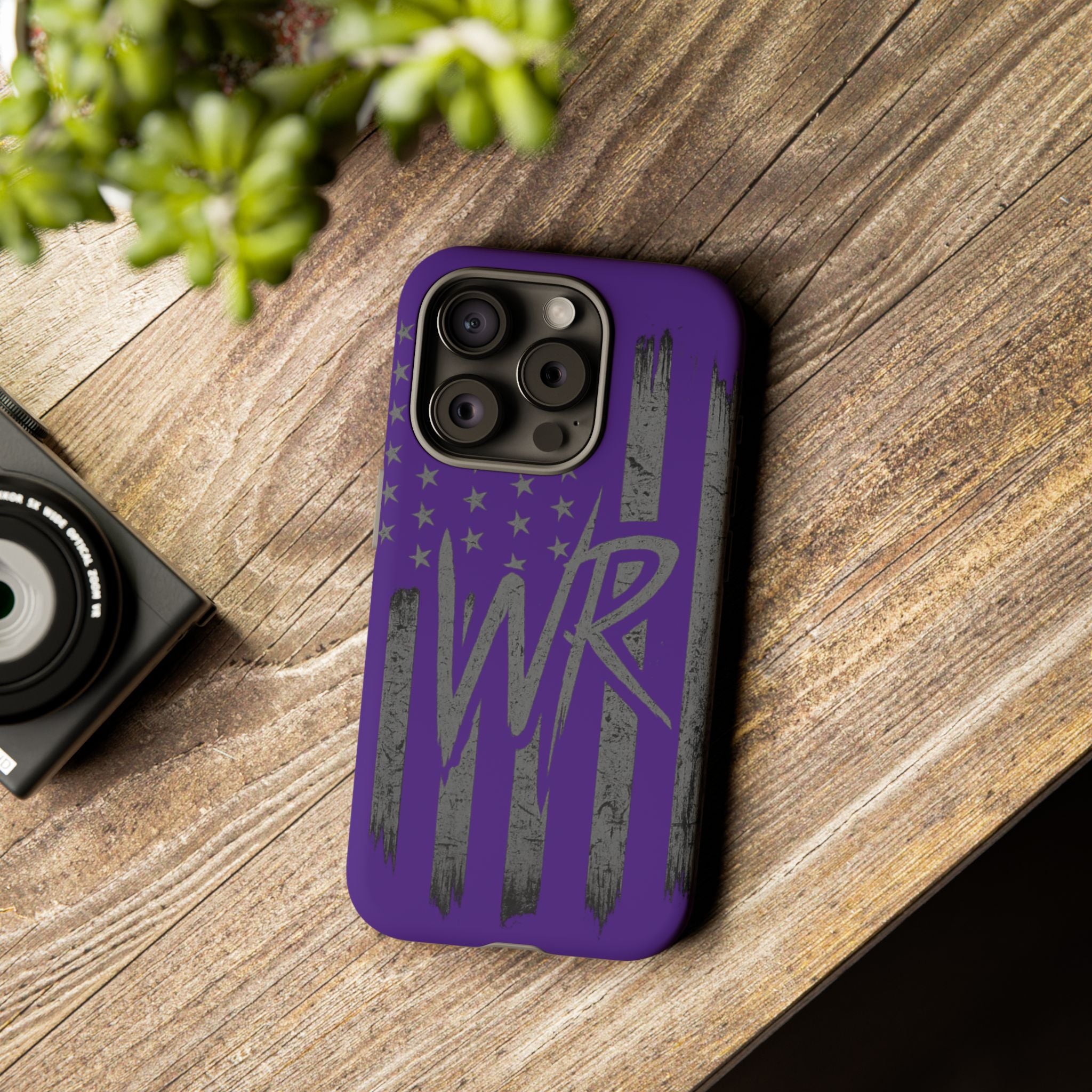 Purple 'WR' flag tough phone case by Printify, showcasing a durable design with vibrant color and protective features.
