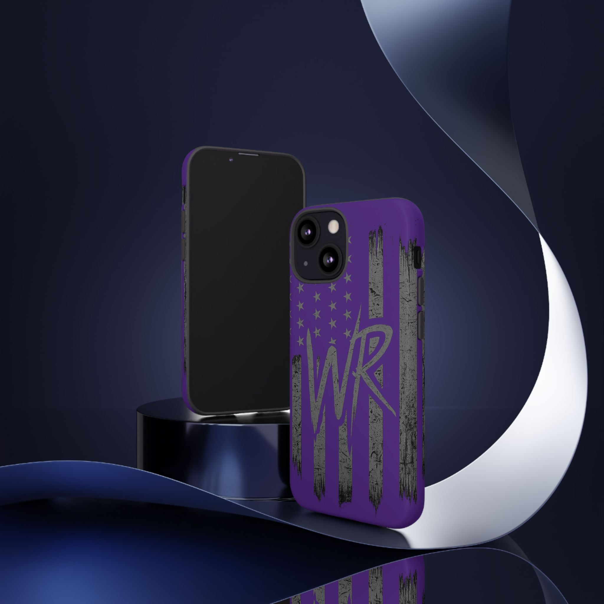 Purple 'WR' flag phone case by Printify, featuring a durable design and vibrant colors, ideal for protection and style.