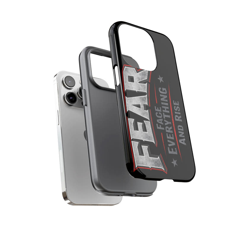Fear face everything and rise phone case by Printify, featuring bold text design on a sleek protective case.