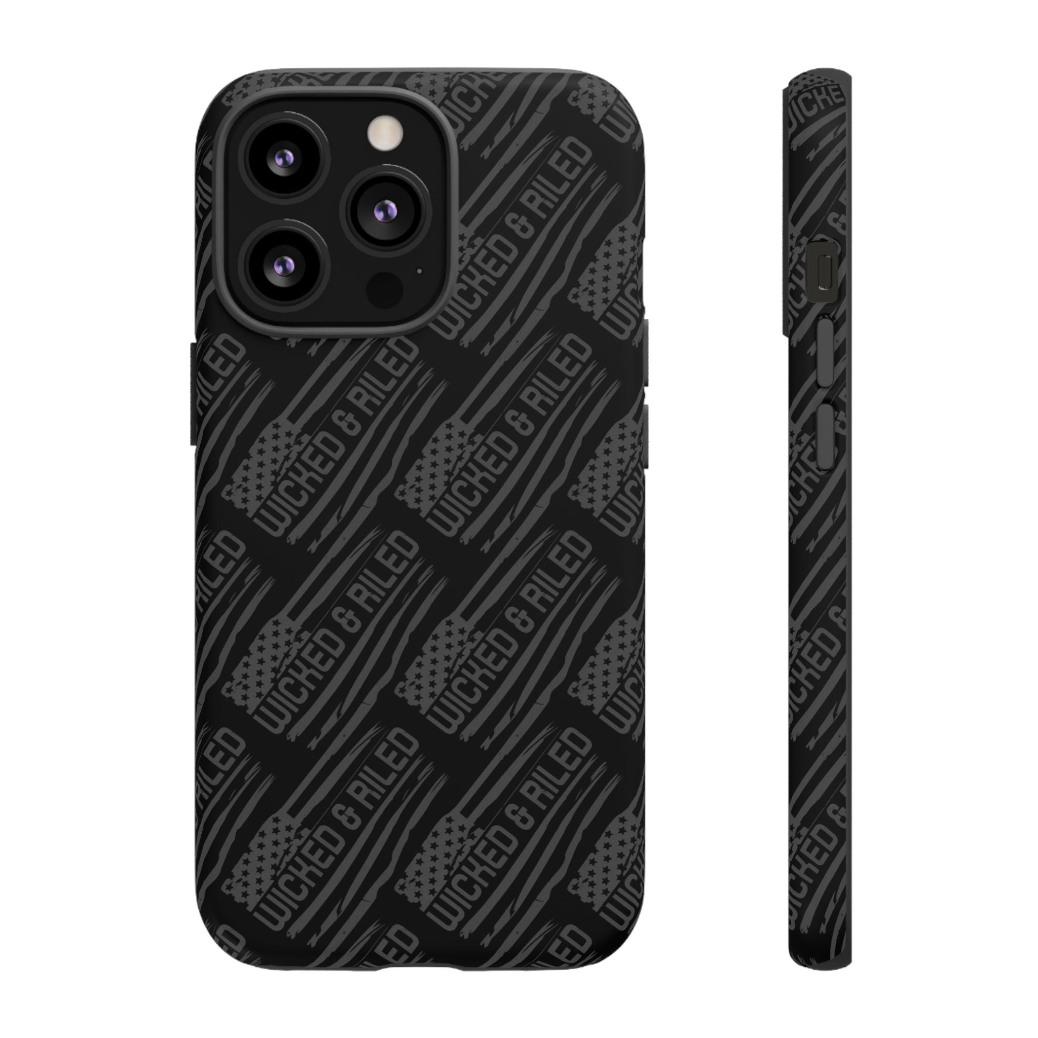 Rugged black protective phone case by Printify with a textured "TOUGH CASES" pattern on the surface.